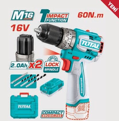 TOTAL  TIDLI16682  LI-ION AKÜLÜ KÖMÜRSÜZ DARBELİ ŞARJLI MATKAP