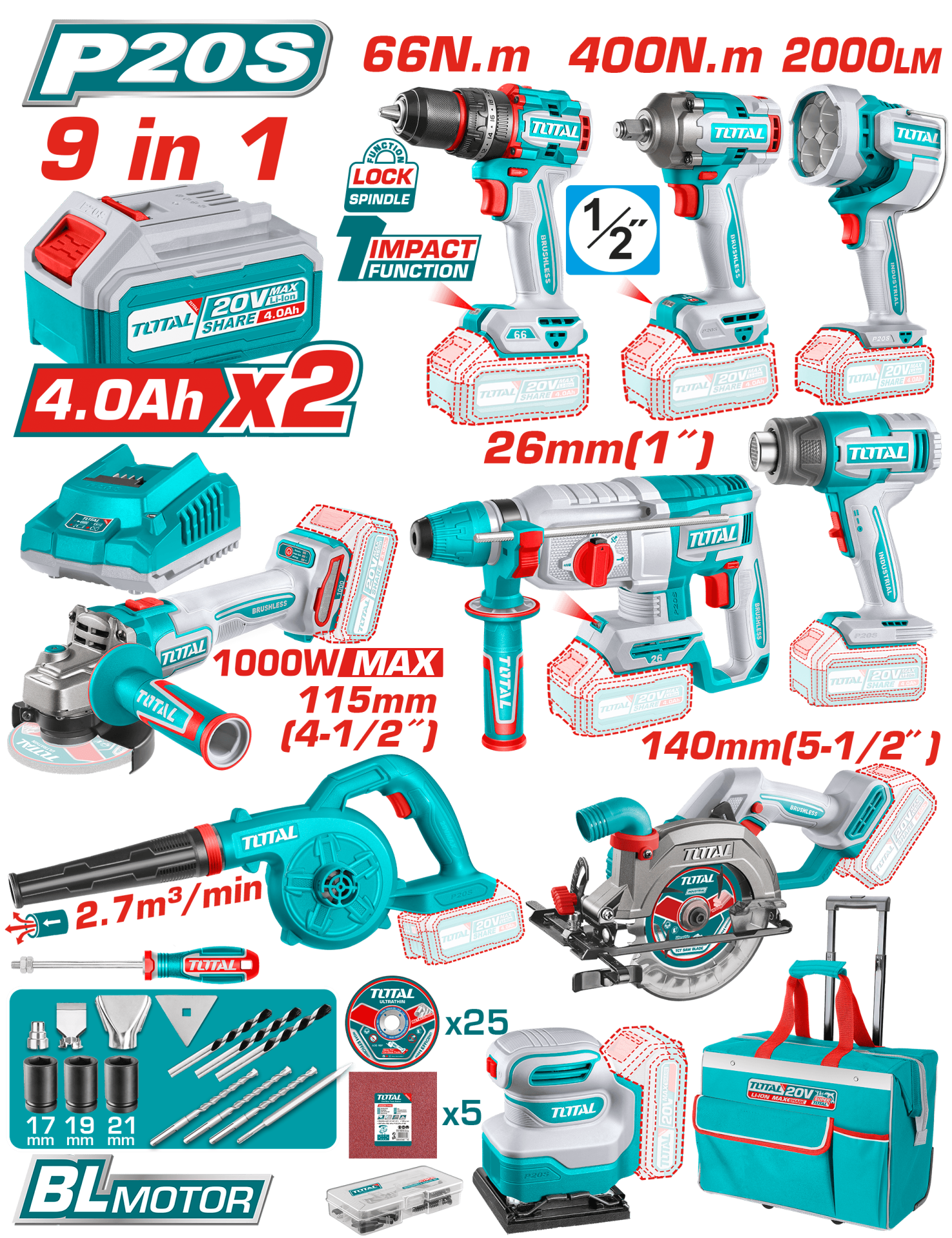 Total AVANTAJ 9 LU SET - MATKAP, SOMUN SÖKME, IŞIK LED, KIRICI, TAŞLAMA, SICAK HAVA TABANCASI, ÜFLEME, DAİRE TESTERE TOSLI250381E