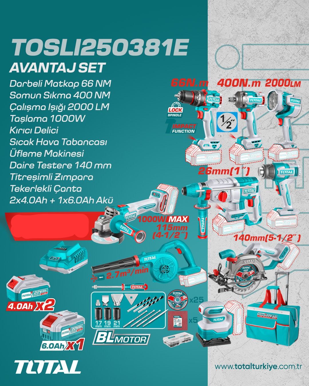 Total AVANTAJ 9 LU SET - MATKAP, SOMUN SÖKME, IŞIK LED, KIRICI, TAŞLAMA, SICAK HAVA TABANCASI, ÜFLEME, DAİRE TESTERE TOSLI250381E