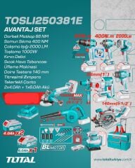 Total AVANTAJ 9 LU SET - MATKAP, SOMUN SÖKME, IŞIK LED, KIRICI, TAŞLAMA, SICAK HAVA TABANCASI, ÜFLEME, DAİRE TESTERE TOSLI250381E