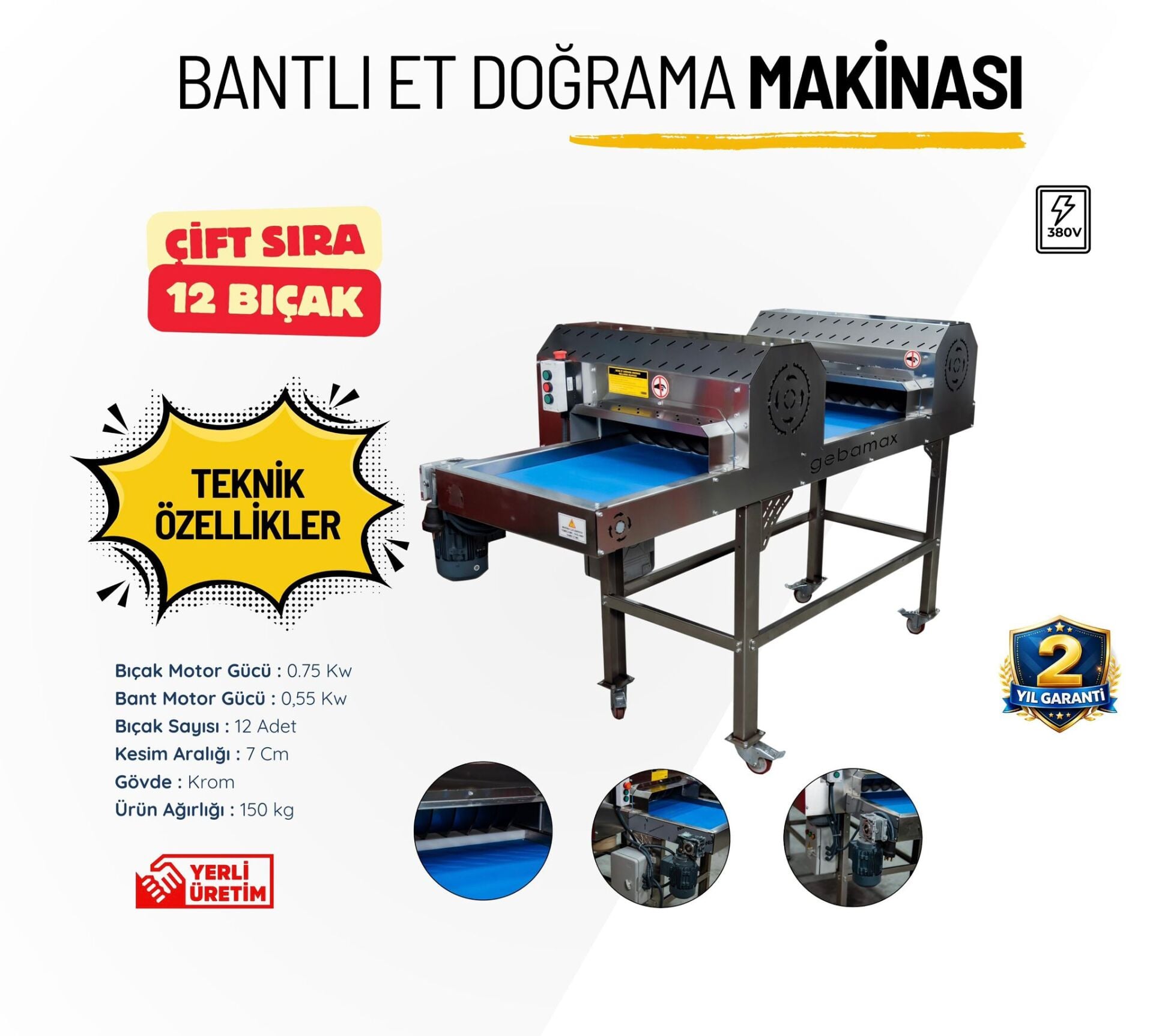 BANTLI ET DOĞRAMA MAKİNESİ ÇİFT BIÇAKLI ÇİFT SIRA 2 HP ( SICAK ET KESME MAKİNASI )