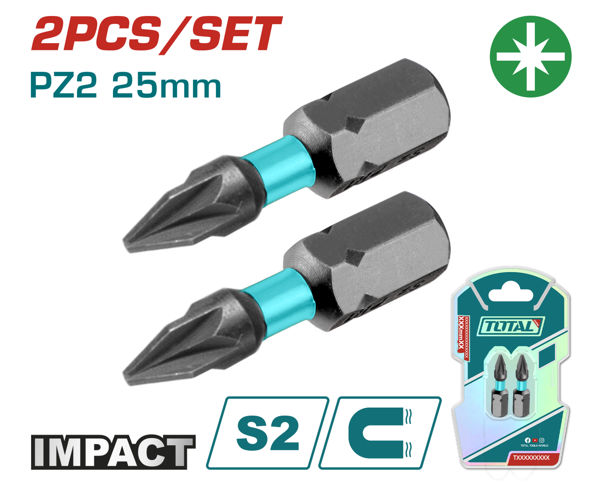 TOTAL TACIM71PZ225 DARBELİ 25 MM PZ2 BİTS UCU 2 Lİ